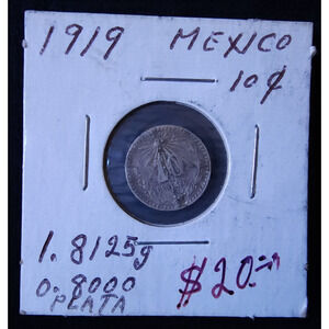 Vintage Mexico 10 Ten Centavos 1919 silver coin 0.800 Plata Mexican World Coin